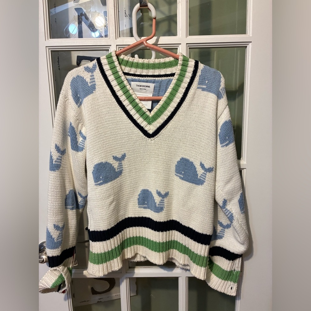 Thom Browne Mew York Cream & Light Blue Whale Sweater - V-Neck Sz 1